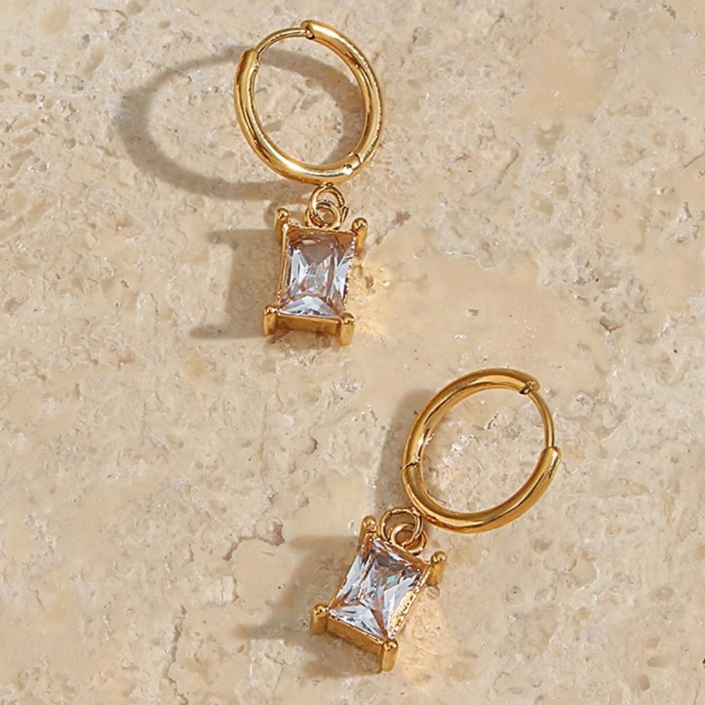 Clear Rectangle Zirconia Gemstone Hoop Earrings 18K‎ Gold Plated Stainless Steel